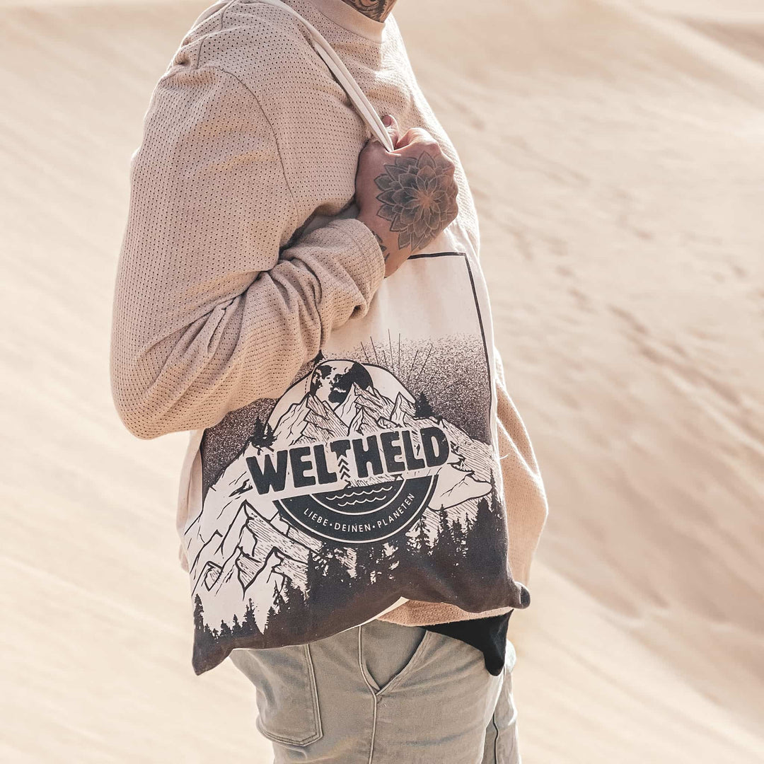 Jutetasche mit Weltheldlogo